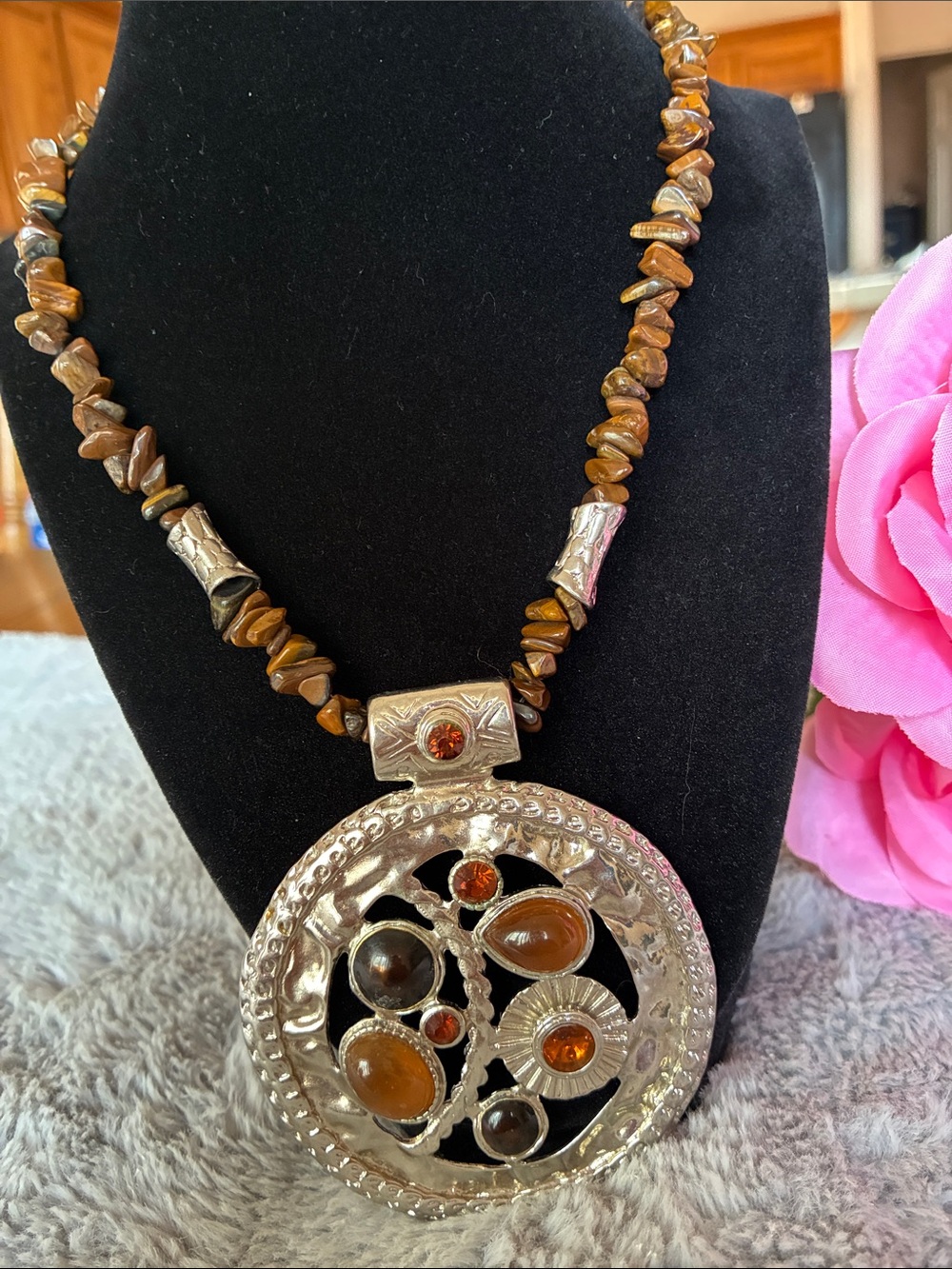 Boho Tiger's Eye Statement Pendant Necklace - Brown